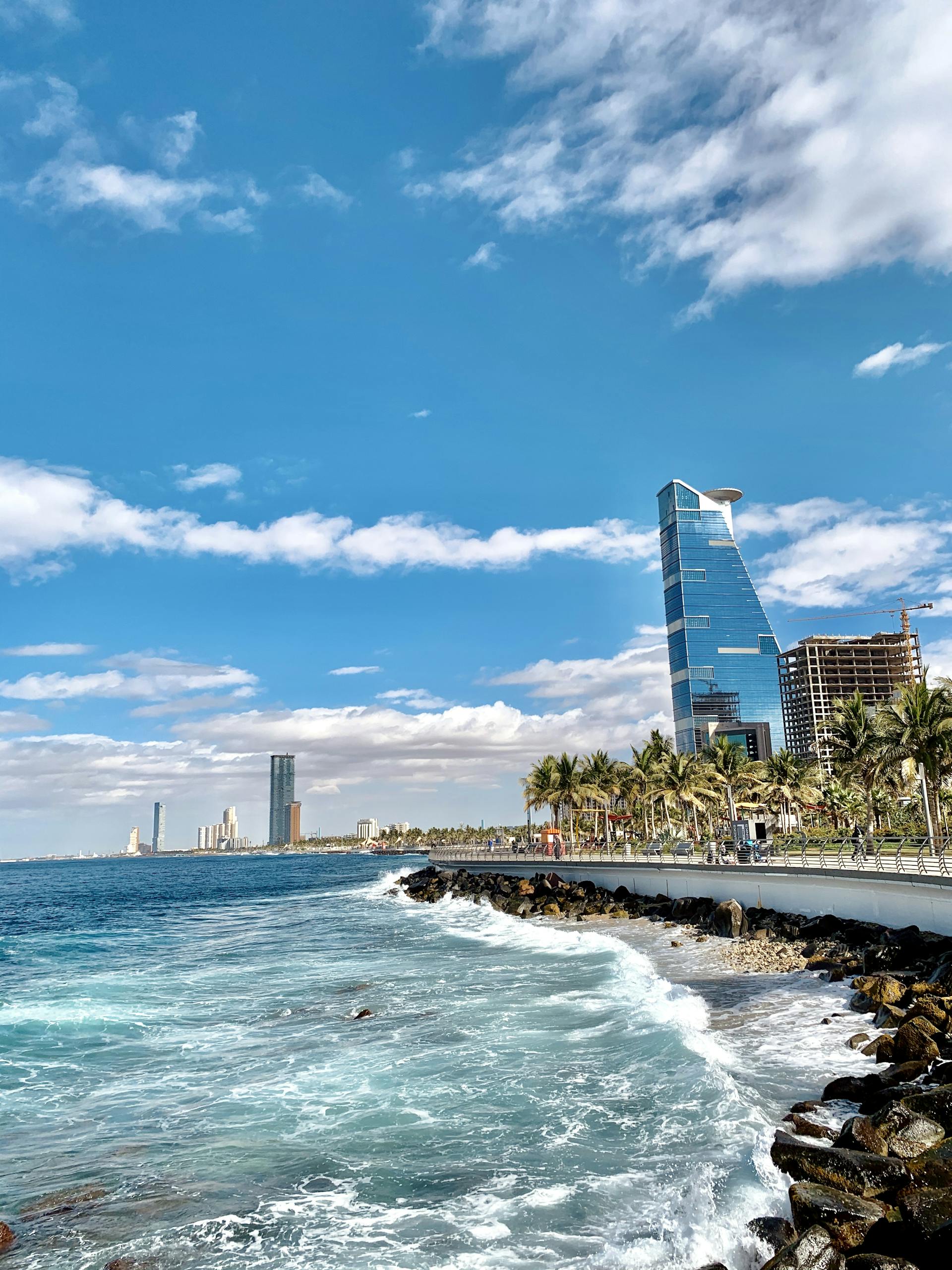 Vibrant urban landscape of Jeddah's coastline. Captivating cityscape with striking architecture.